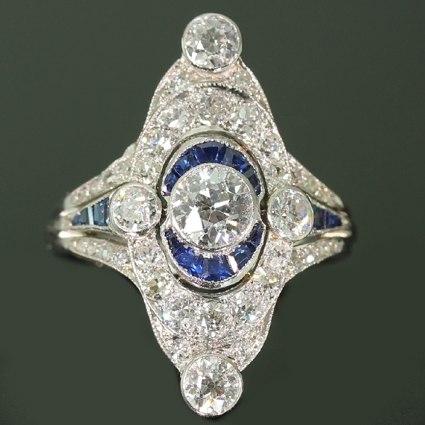 Magnificent Art Deco platinum diamond and sapphire engagement ring from the antique jewelry collection of www.adin.be